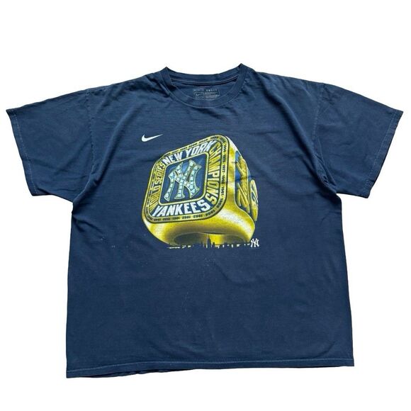 Vintage Nike Swoosh New York Yankees MLB Ring Art Navy Tee Shirt Sz XL Thrashed - Picture 1 of 8